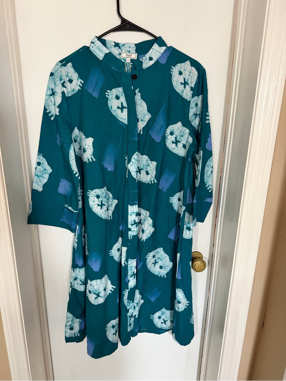 Zuri Purr-fect Teal Cat Print Tunic Dress M NWT
